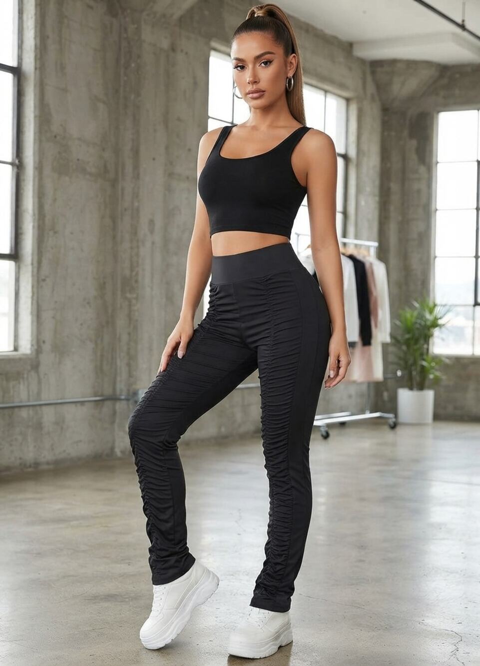 Skinnify Ruched-Side Leggings Vertical Contrast Panels Y2K Avant-Garde Edgy L